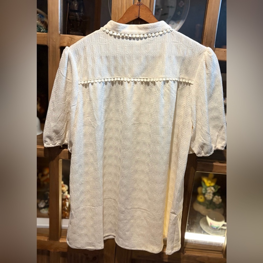 Evaless Button Down Short Sleeve Top Size Medium Beige Elegant Women's NWT - Picture 9 of 9